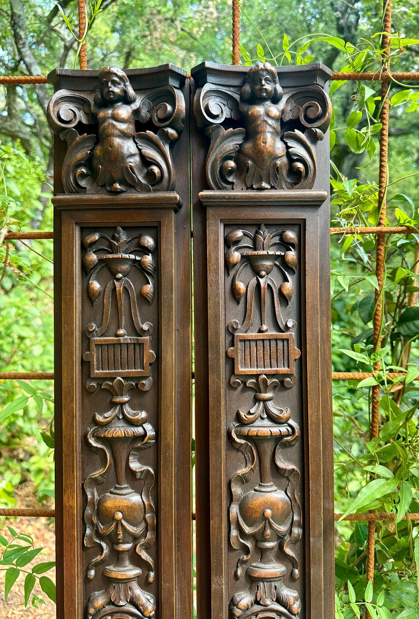 French Pair of Hand-Carved Renaissance Style Wooden Columns, Architectural Salvage, Neo-Renaissance Furniture 1940s