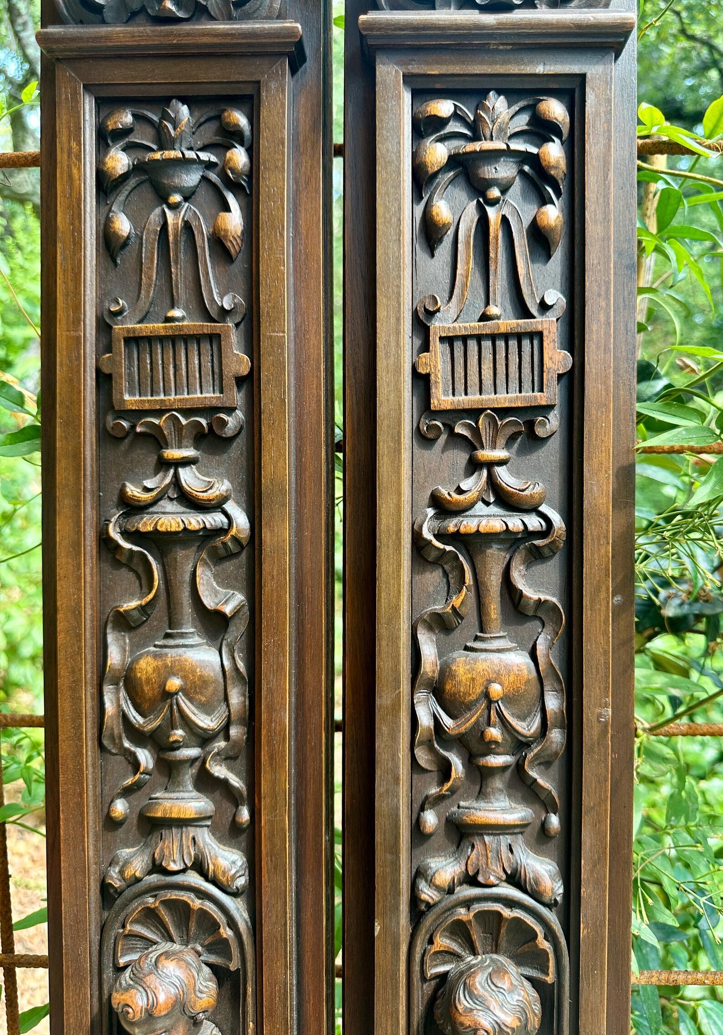 French Pair of Hand-Carved Renaissance Style Wooden Columns, Architectural Salvage, Neo-Renaissance Furniture 1940s