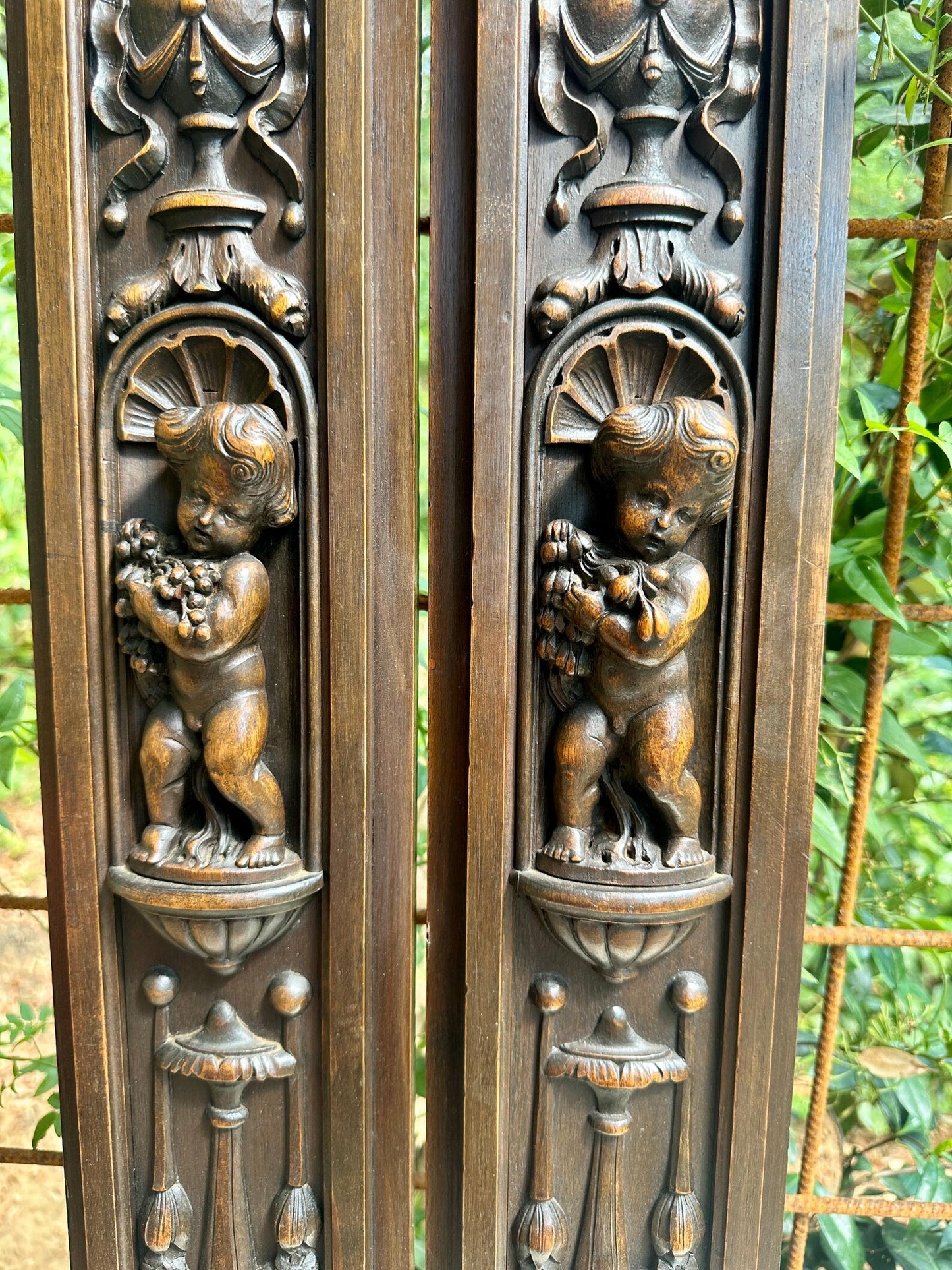 French Pair of Hand-Carved Renaissance Style Wooden Columns, Architectural Salvage, Neo-Renaissance Furniture 1940s