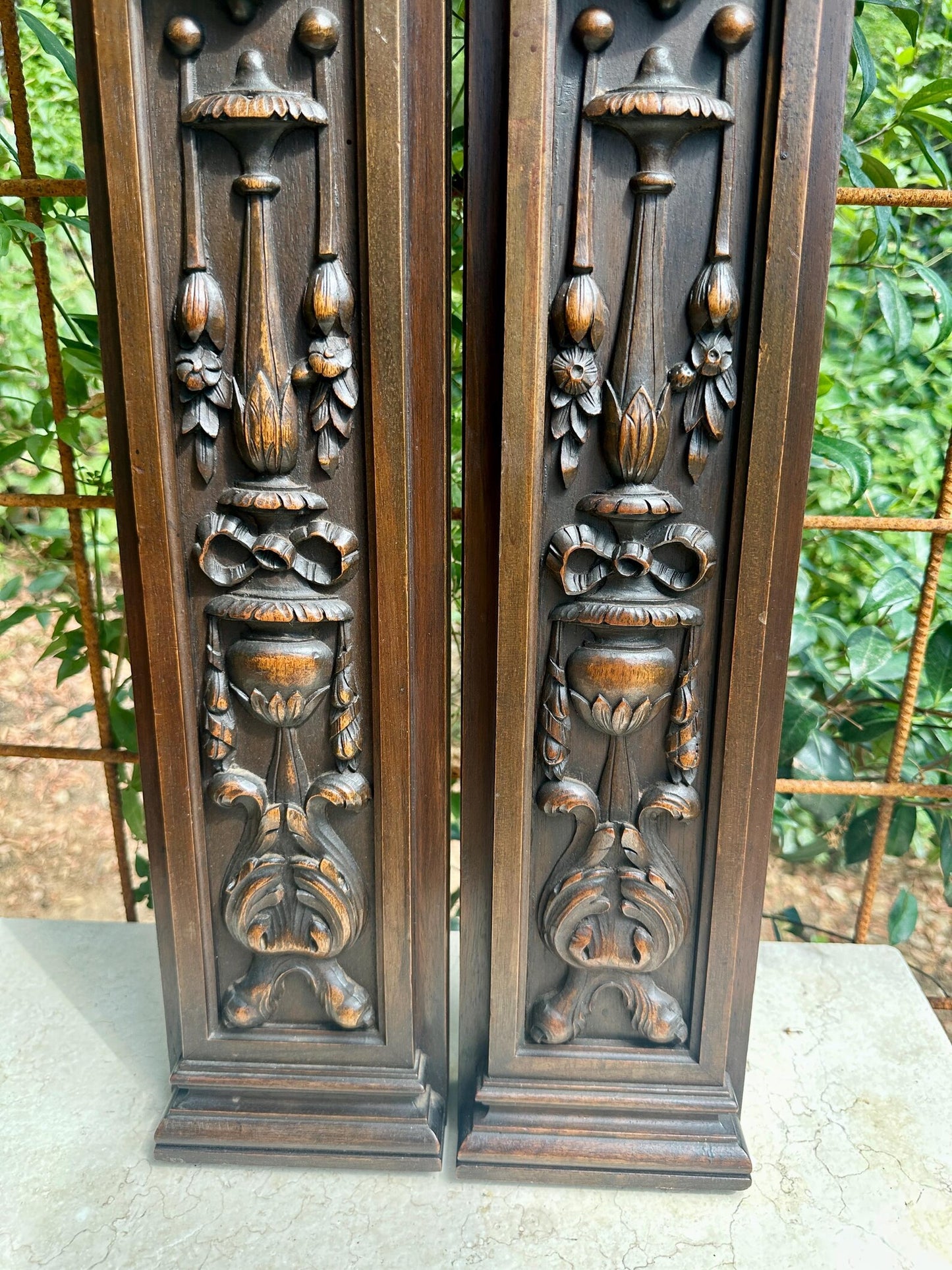 French Pair of Hand-Carved Renaissance Style Wooden Columns, Architectural Salvage, Neo-Renaissance Furniture 1940s