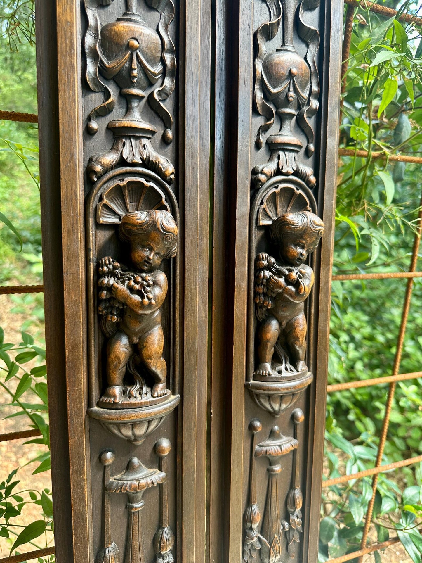 French Pair of Hand-Carved Renaissance Style Wooden Columns, Architectural Salvage, Neo-Renaissance Furniture 1940s
