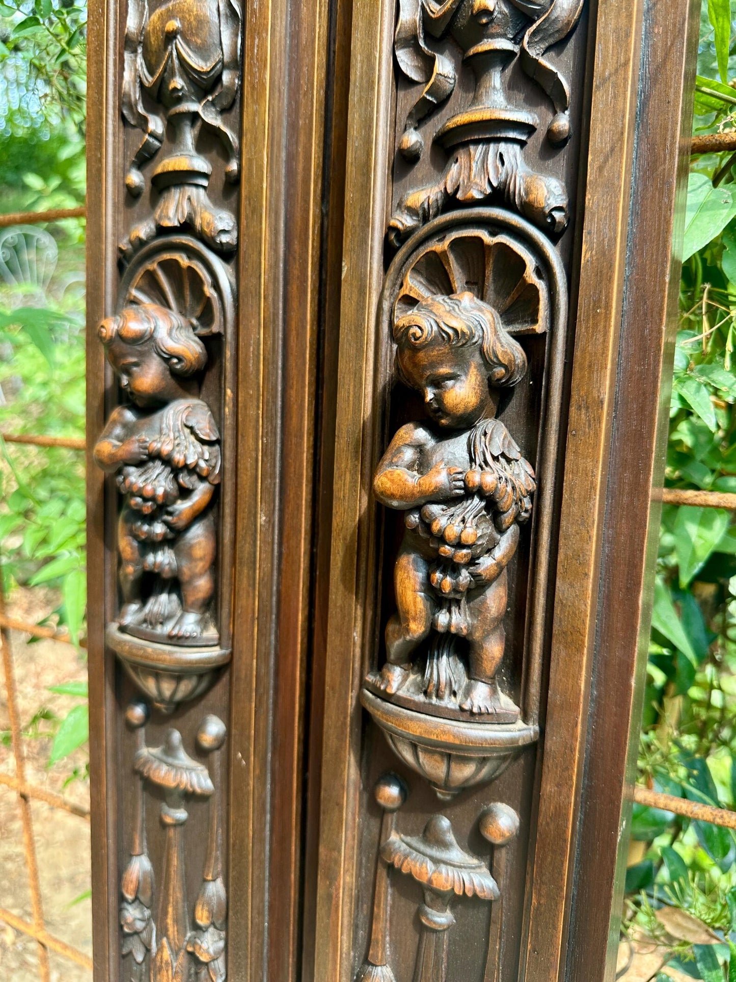 French Pair of Hand-Carved Renaissance Style Wooden Columns, Architectural Salvage, Neo-Renaissance Furniture 1940s