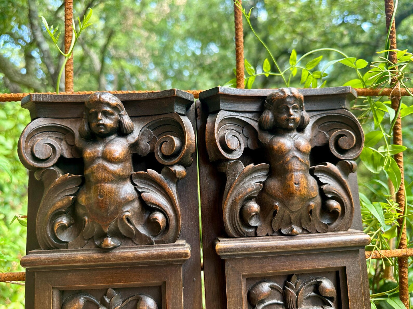 French Pair of Hand-Carved Renaissance Style Wooden Columns, Architectural Salvage, Neo-Renaissance Furniture 1940s