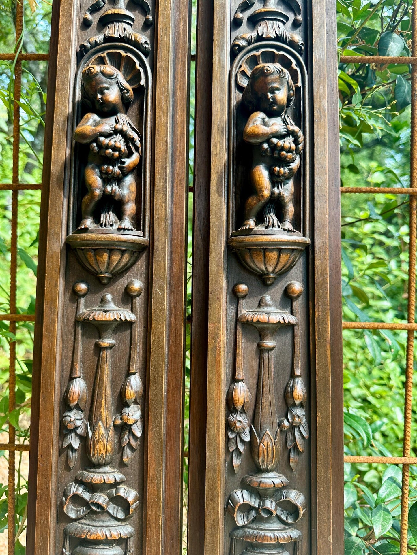 French Pair of Hand-Carved Renaissance Style Wooden Columns, Architectural Salvage, Neo-Renaissance Furniture 1940s