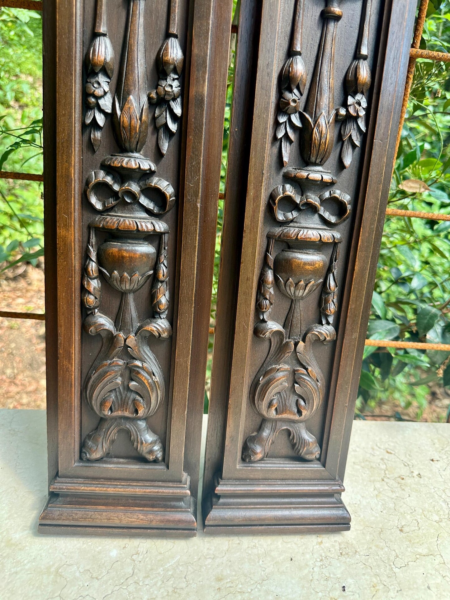 French Pair of Hand-Carved Renaissance Style Wooden Columns, Architectural Salvage, Neo-Renaissance Furniture 1940s