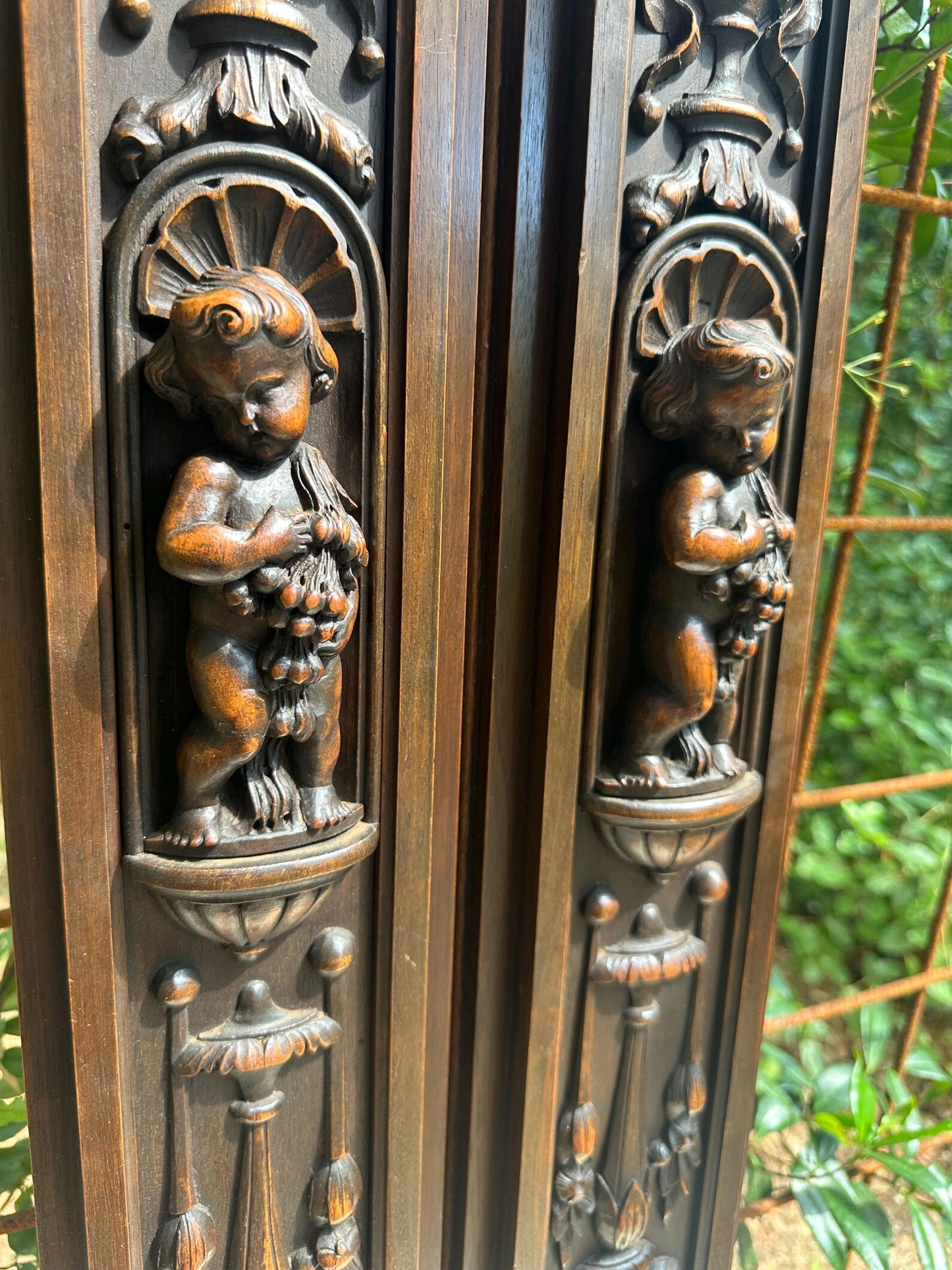 French Pair of Hand-Carved Renaissance Style Wooden Columns, Architectural Salvage, Neo-Renaissance Furniture 1940s