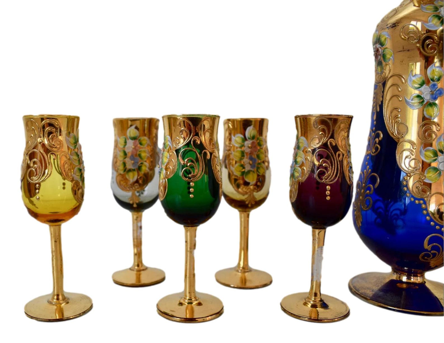 Murano Gold & Cobalt Blue Venetian Glass Hand Painted Enameled