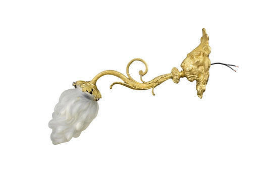 Antique French gilt bronze lion sconce with flame tulip glass shade – 19th-century wall lighting fixture