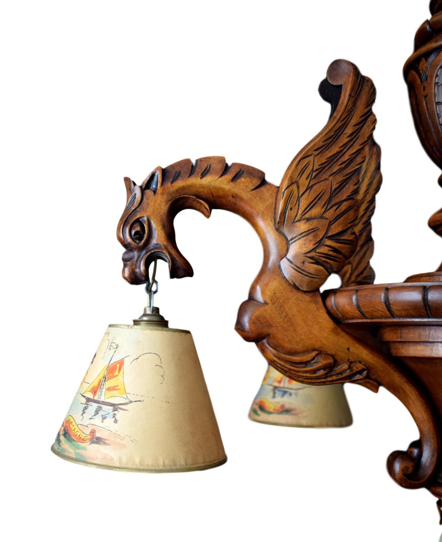 27" Antique Gothic Hand Carved Wood Chandelier Griffin