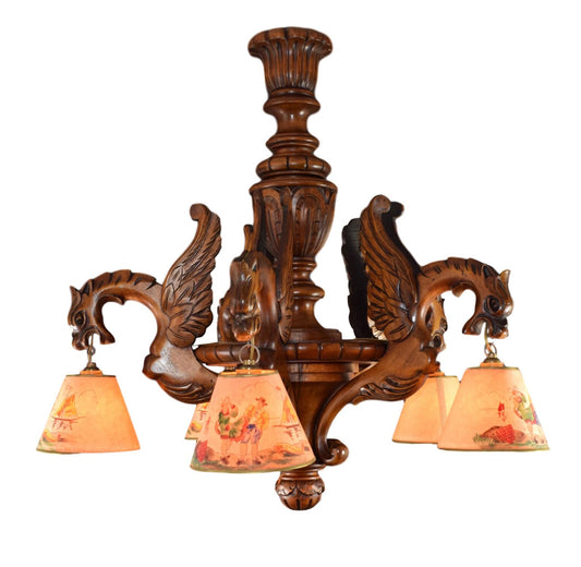 27" Antique Gothic Hand Carved Wood Chandelier Griffin