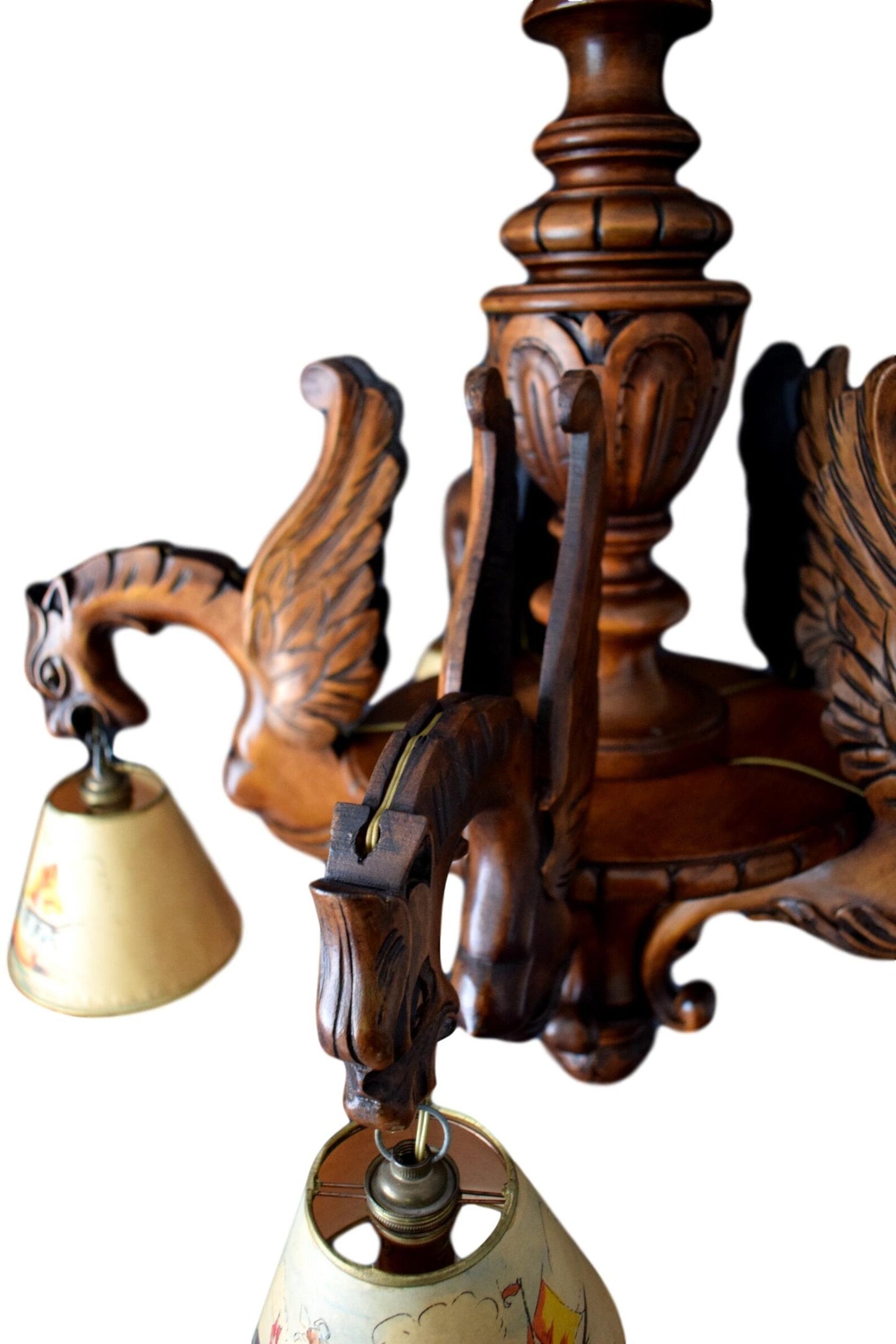 27" Antique Gothic Hand Carved Wood Chandelier Griffin