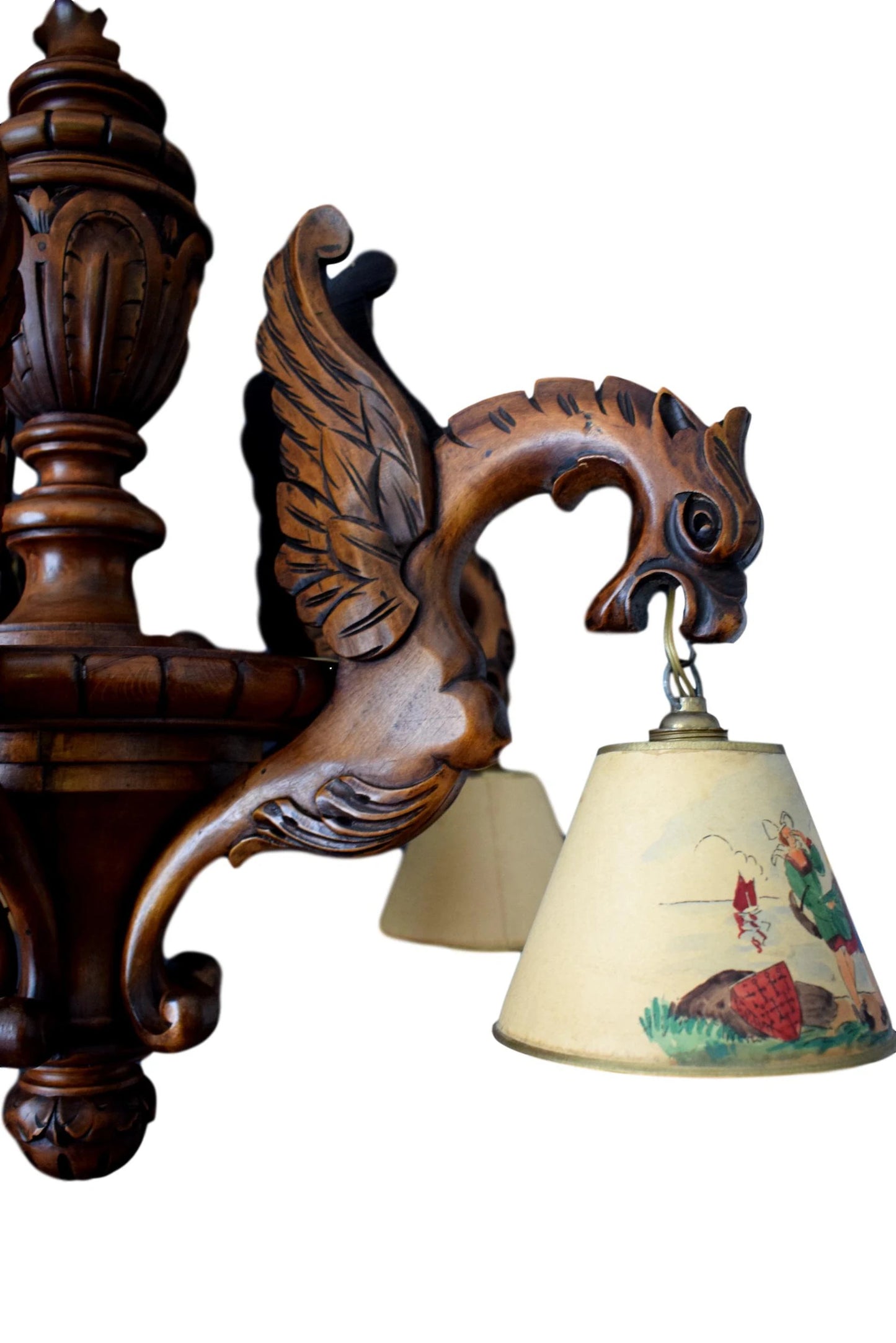 27" Antique Gothic Hand Carved Wood Chandelier Griffin