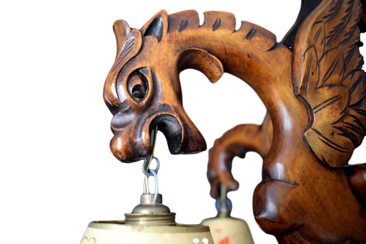 27" Antique Gothic Hand Carved Wood Chandelier Griffin