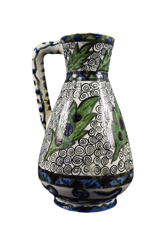 Signed French ceramic pitcher by Raoul Lachenal with colorful Iznik enamel decoration – vintage French art pottery