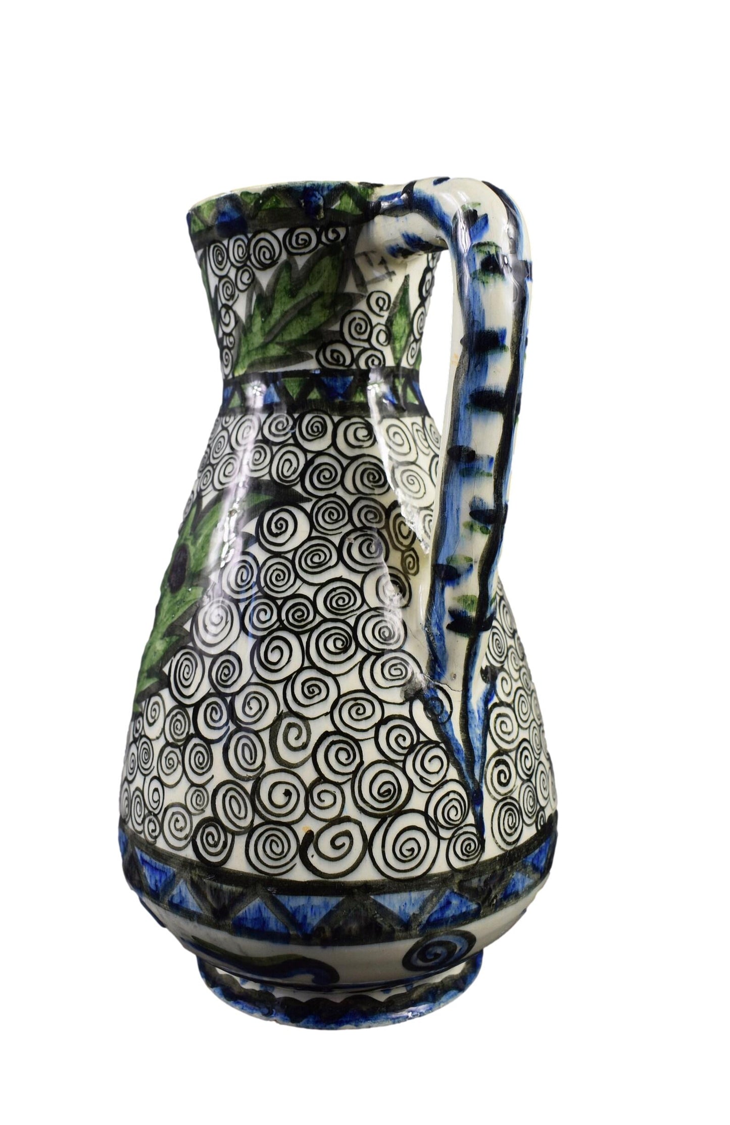 Signed French ceramic pitcher by Raoul Lachenal with colorful Iznik enamel decoration – vintage French art pottery