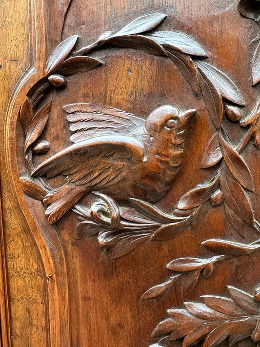 19th Large Carved Wood Cabinet Door Couple of Birds