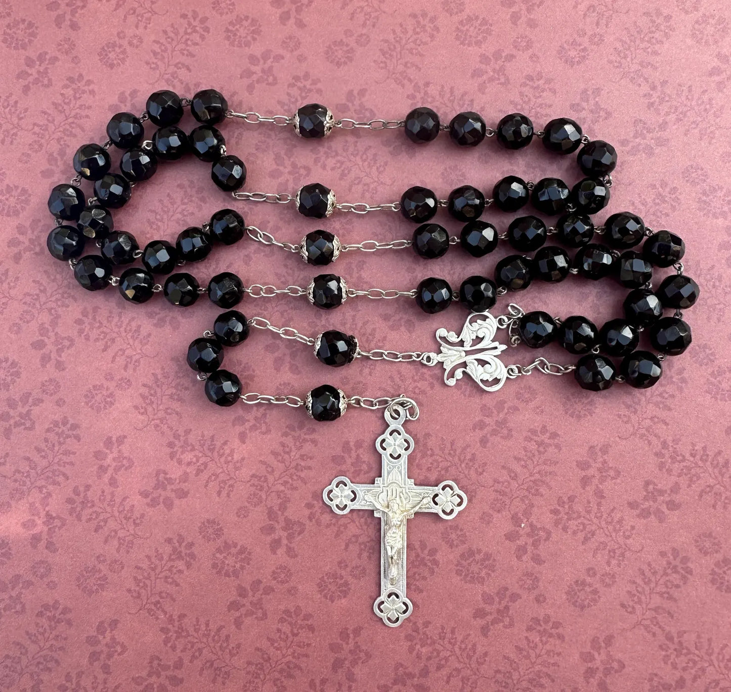 Rare Antique French Black Beads Sterling Silver Rosary