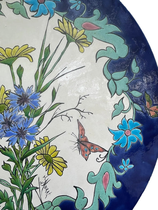 MURAT LONGCHAMP Large Art Nouveau Majolica Dish with Floral Decor 20th