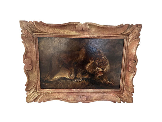 Art Deco Lion Painting Oil On Cardboard
