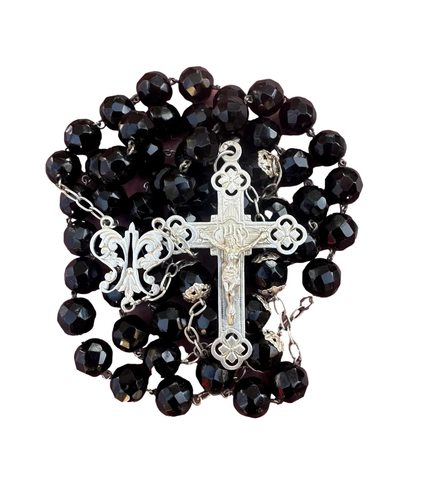 Rare Antique French Black Beads Sterling Silver Rosary