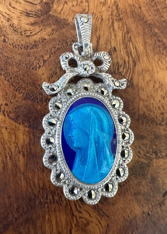 Art Deco Virgin Mary Sterling Silver and Blue Enamel Marcasites Medal Pendant Religious
