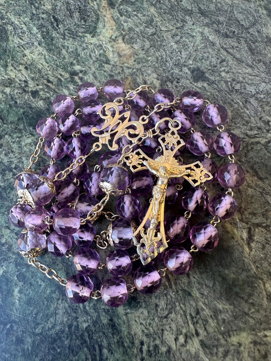 Antique French Art Nouveau rosary with faceted purple crystal beads and vermeil crucifix on sterling silver chain.