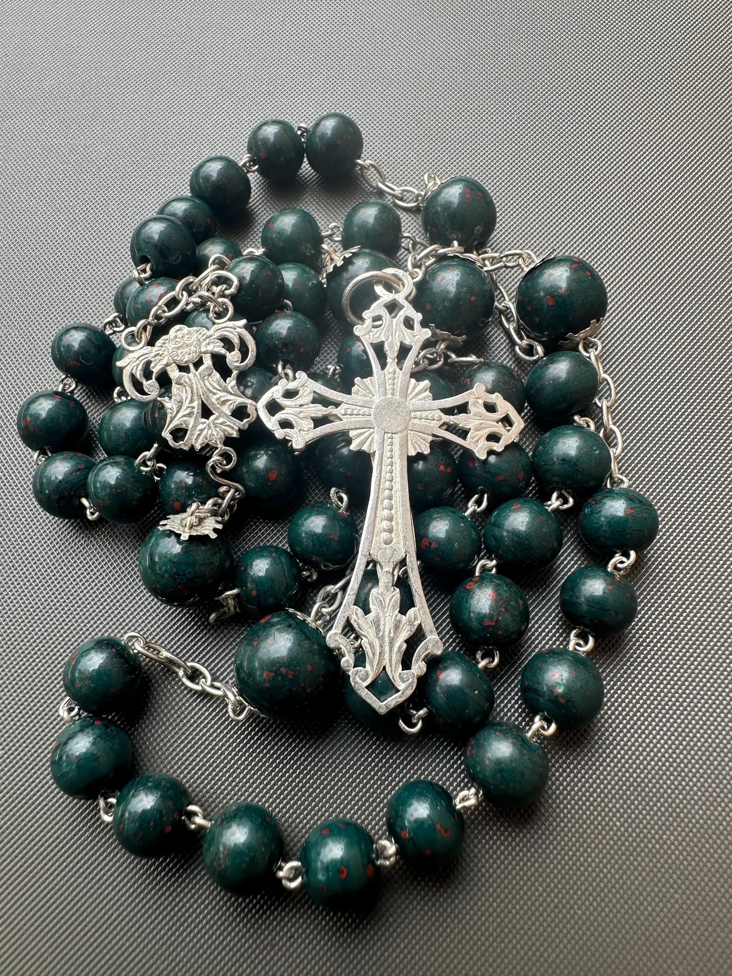 Antique Bloodstone Rosary – Sterling Silver Crucifix – Rare Green Jasper Beads – Catholic Collectible – 1900s