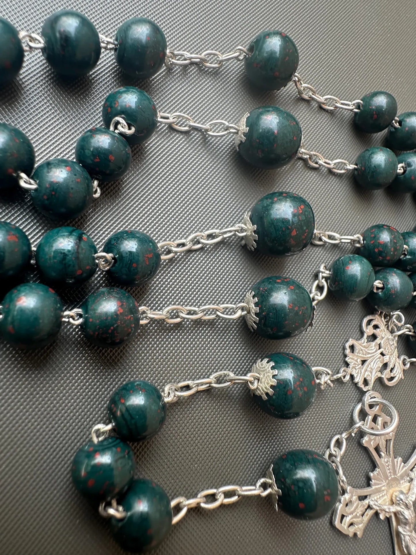 Antique Bloodstone Rosary – Sterling Silver Crucifix – Rare Green Jasper Beads – Catholic Collectible – 1900s