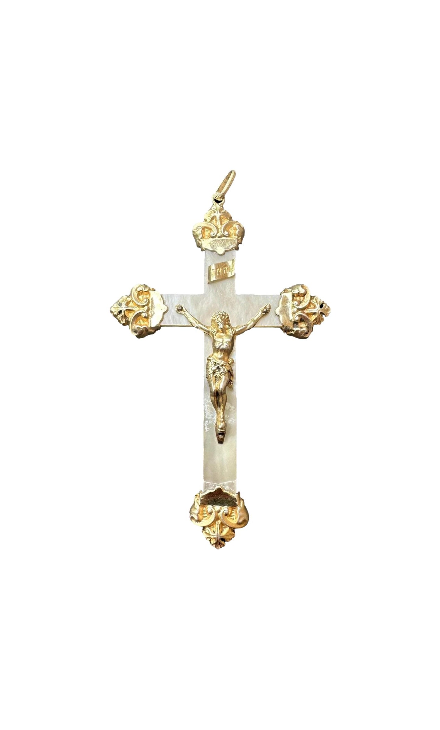Antique religious cross pendant with fleur-de-lys vermeil tips and Christ figure