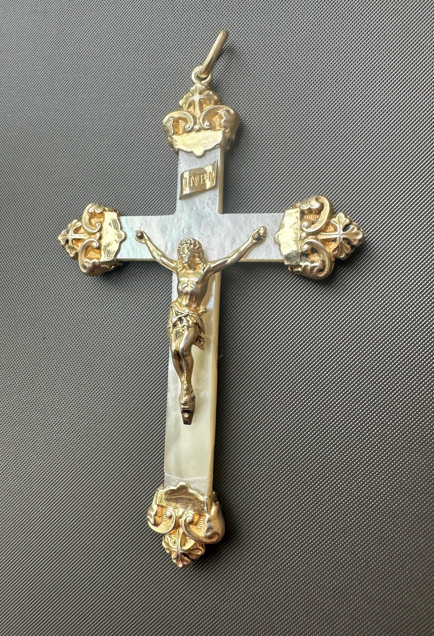 Antique religious cross pendant with fleur-de-lys vermeil tips and Christ figure