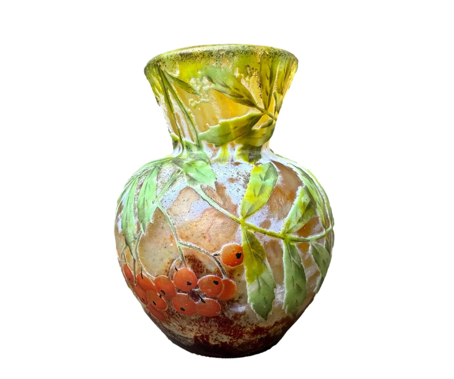 Art Nouveau vase signed Daum Nancy with enamel bird and acid-etched glass decor, circa 1900
