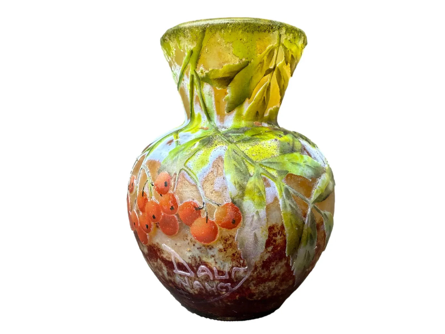 Art Nouveau vase signed Daum Nancy with enamel bird and acid-etched glass decor, circa 1900