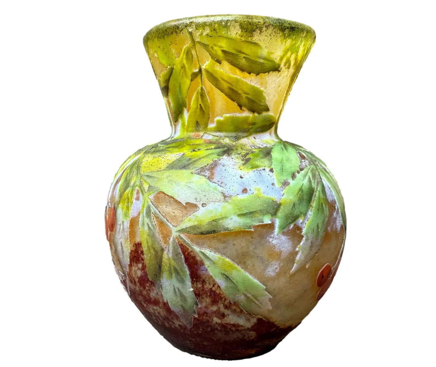 Art Nouveau vase signed Daum Nancy with enamel bird and acid-etched glass decor, circa 1900