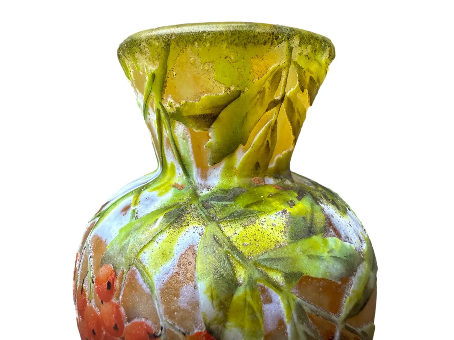 Art Nouveau vase signed Daum Nancy with enamel bird and acid-etched glass decor, circa 1900