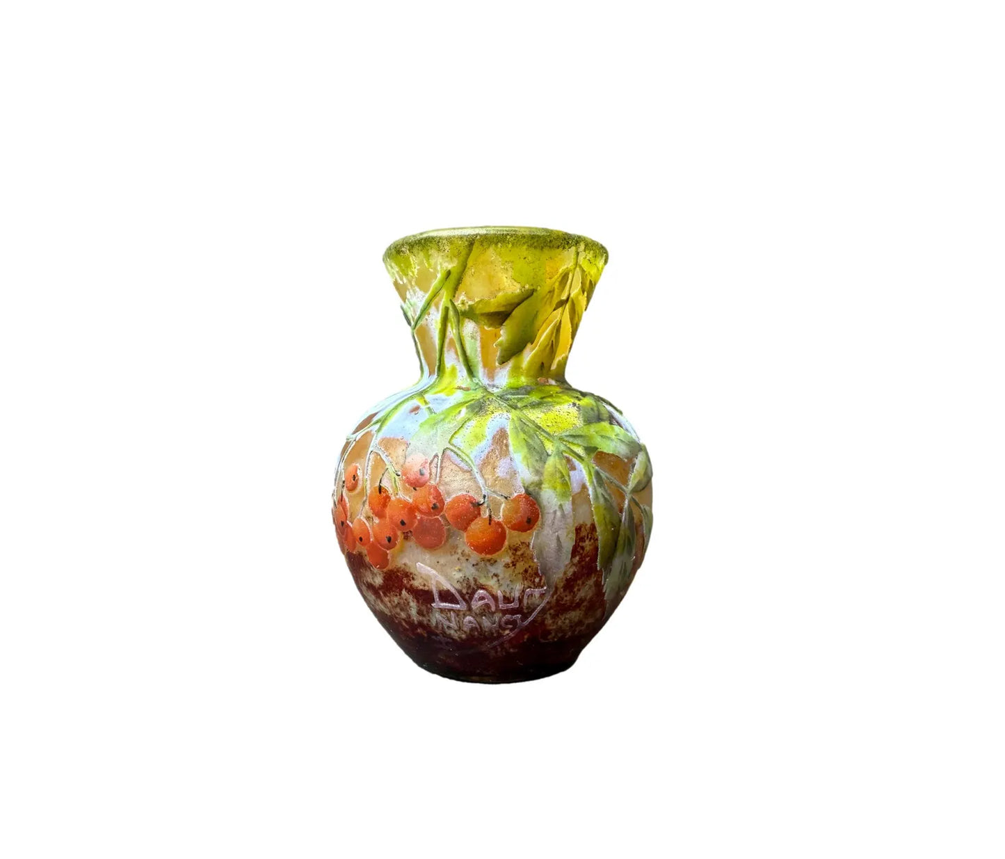 Art Nouveau vase signed Daum Nancy with enamel bird and acid-etched glass decor, circa 1900