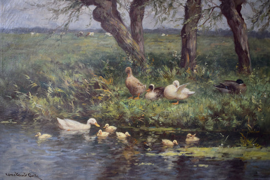 Antique Dutch School oil painting of ducks by Constant Artz, early 20th century, framed pastoral landscape with cows and trees.