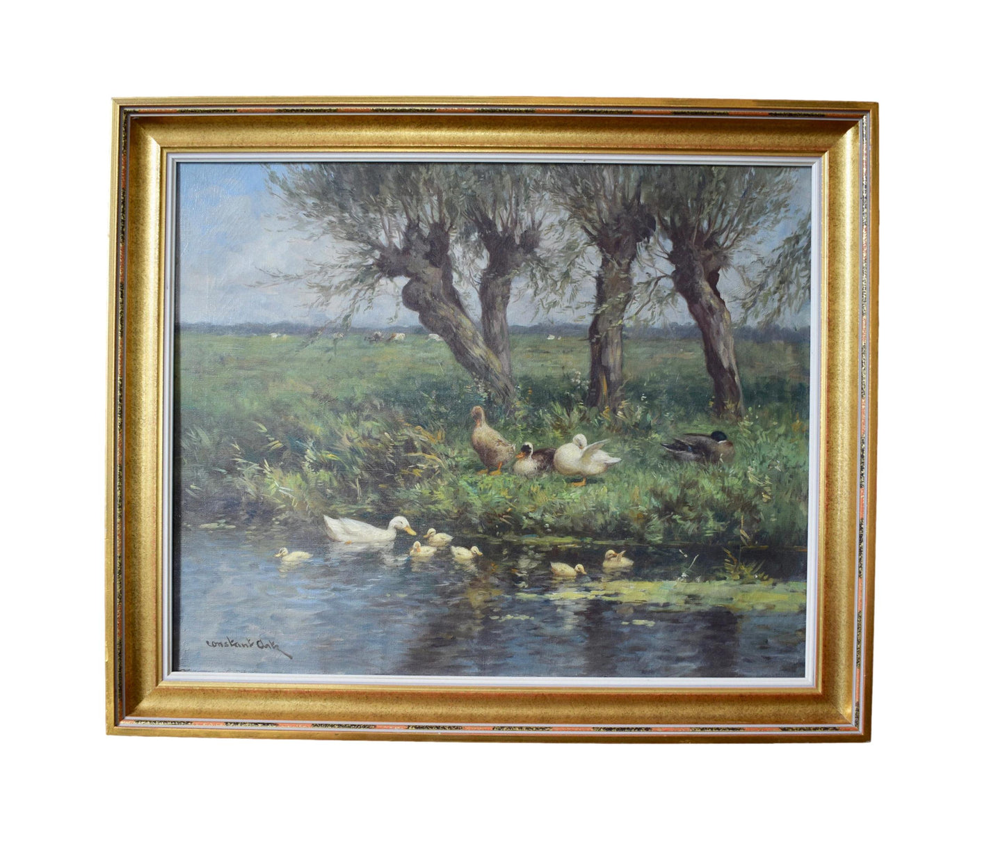 Antique Dutch School oil painting of ducks by Constant Artz, early 20th century, framed pastoral landscape with cows and trees.