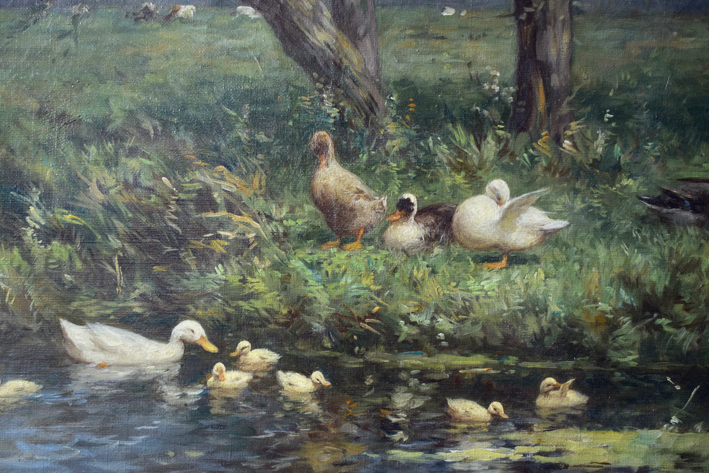 Antique Dutch School oil painting of ducks by Constant Artz, early 20th century, framed pastoral landscape with cows and trees.