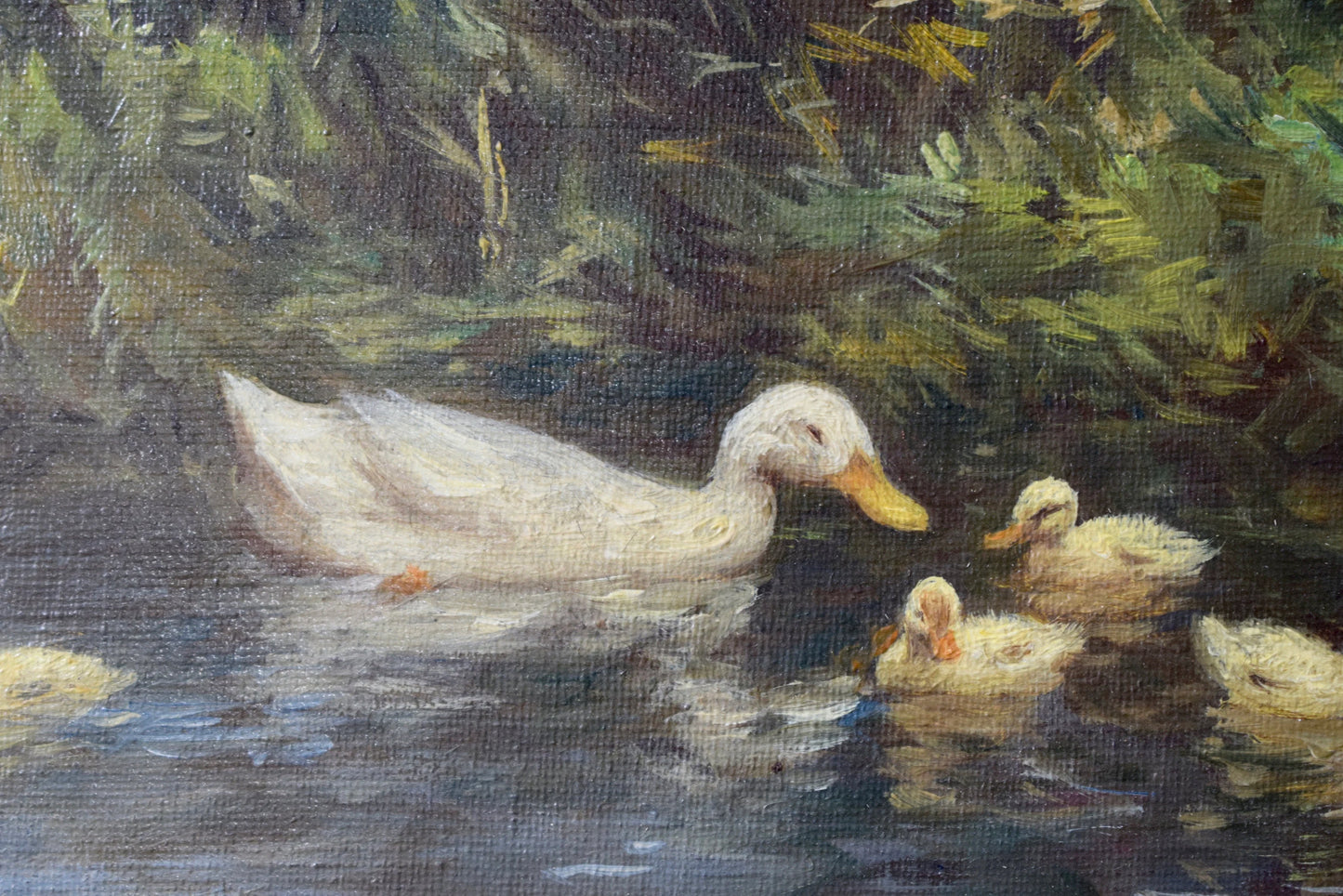 Antique Dutch School oil painting of ducks by Constant Artz, early 20th century, framed pastoral landscape with cows and trees.