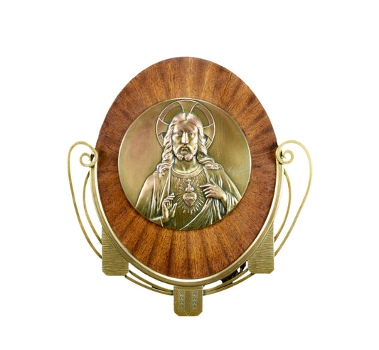 Vintage French Art Deco religious wall plaque with brass Christ medallion signed RUFFONY – 1930s sacred Catholic decor