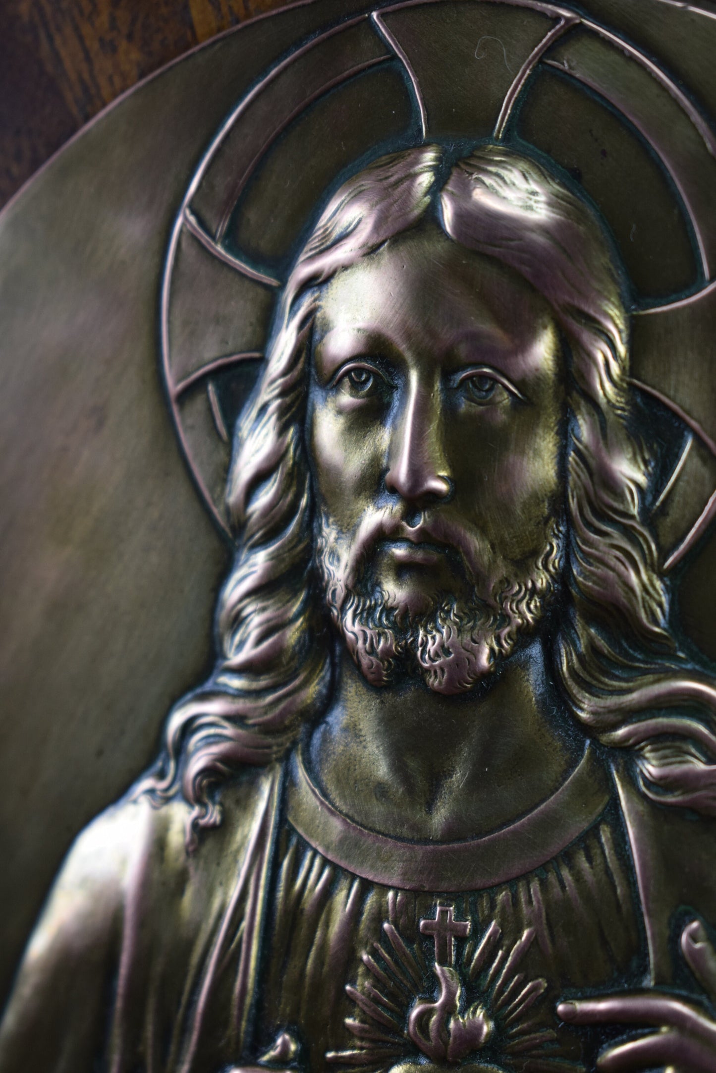 Vintage French Art Deco religious wall plaque with brass Christ medallion signed RUFFONY – 1930s sacred Catholic decor
