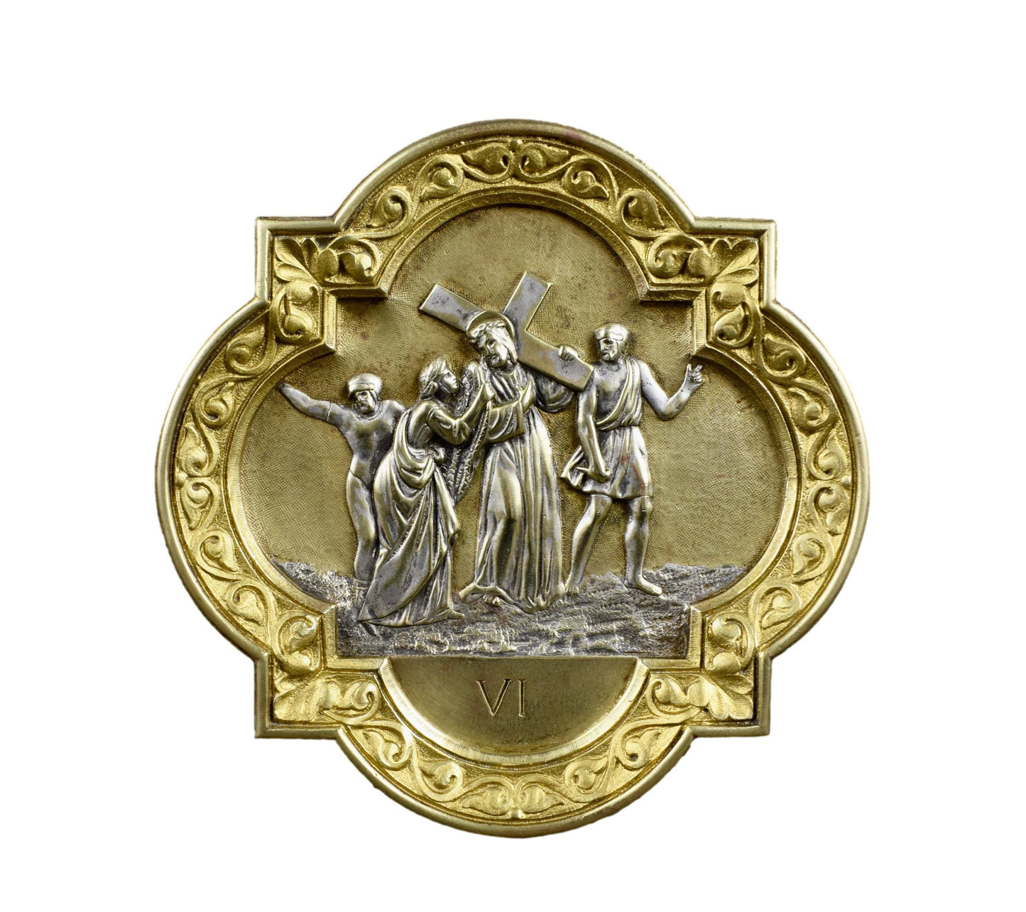 Antique French bronze religious plaque – Jesus meets Saint Veronica, 19th-century Station of the Cross in silver and gilt patina
