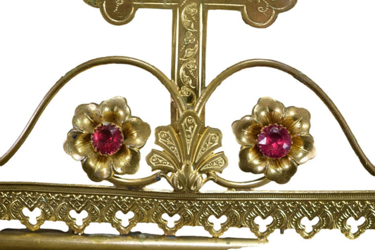 19th century French religious frame in gilded brass with floral motifs and a cross – antique sacred art wall decor.