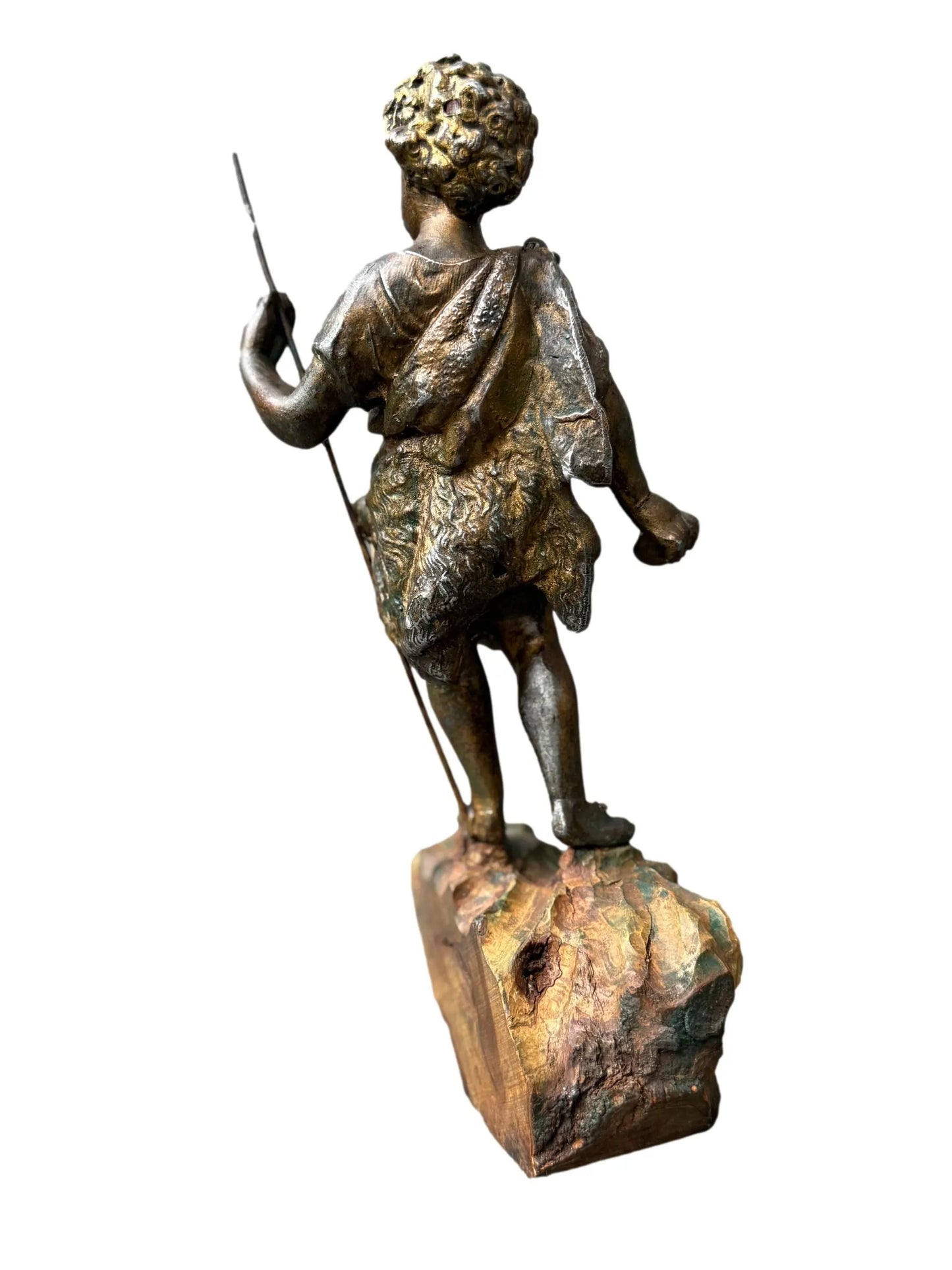 Antique French St. John the Baptist Spelter Statue, Polychrome Olive Wood Base