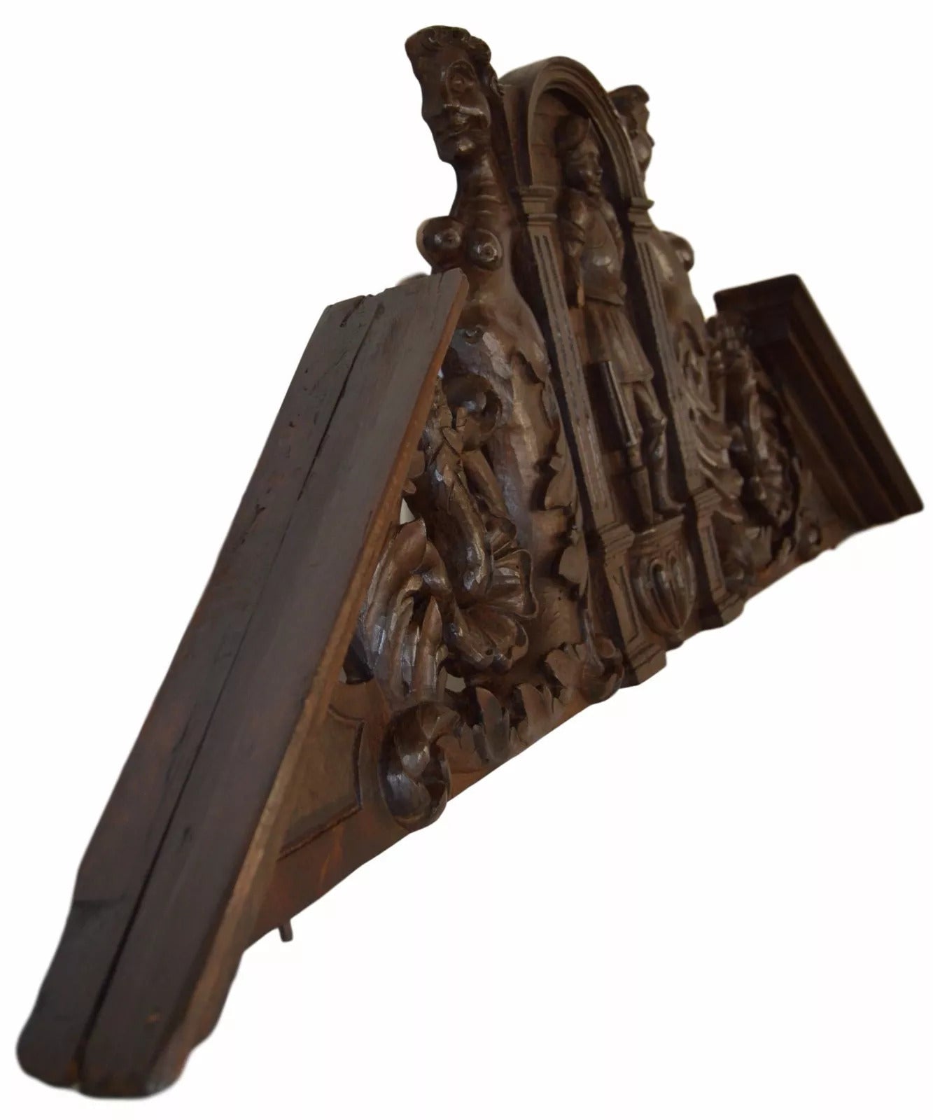 1700's French Antique Gothic Architectural Hand Carved Wood Crest Pediment