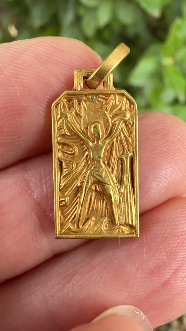 Saint Andrew Gilded Bronze Medal Pendant, Fernand PY Art Deco Religious Jewelry