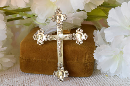 Antique French Silver Mother of Pearl Cross Pendant, Weevil "Charançon" Hallmark 800 Silver, Religious Crucifix with Christ & Virgin Mary Medallions, Belle Époque Mission Cross