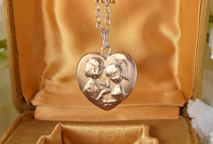 Antique French Sterling Silver Heart Pendant Necklace, "Les Amoureux de Peynet" Lovers Medallion, Vintage 1960s Romantic Charm, Signed Contaux