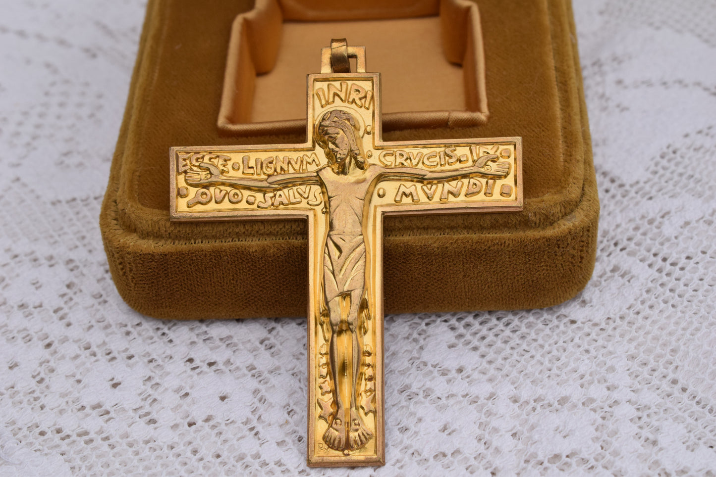 Antique French Art Deco Crucifix Pendant Signed Fernand Py Gilt Bronze Cross Ecce Lignum Crucis 1920s Religious Jewelry