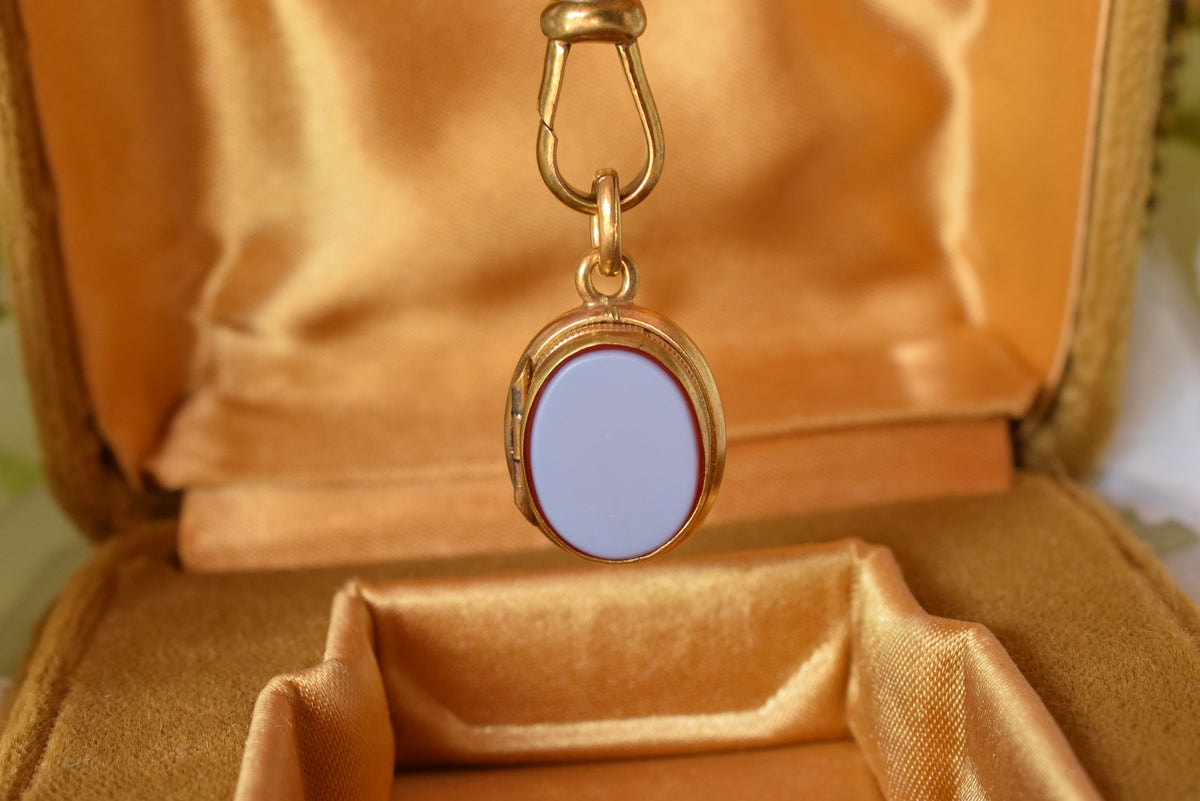 Antique Victorian 19th Century Gold-Plated Fob Pendant, Carnelian & Banded Agate Double-Sided Charm, Small Watch Chain Fob